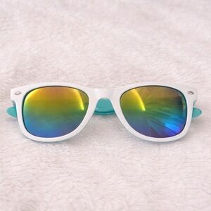 Kids White Frame Sunglasses with Aqua Temples and Blue-Green Mirrored Lenses
